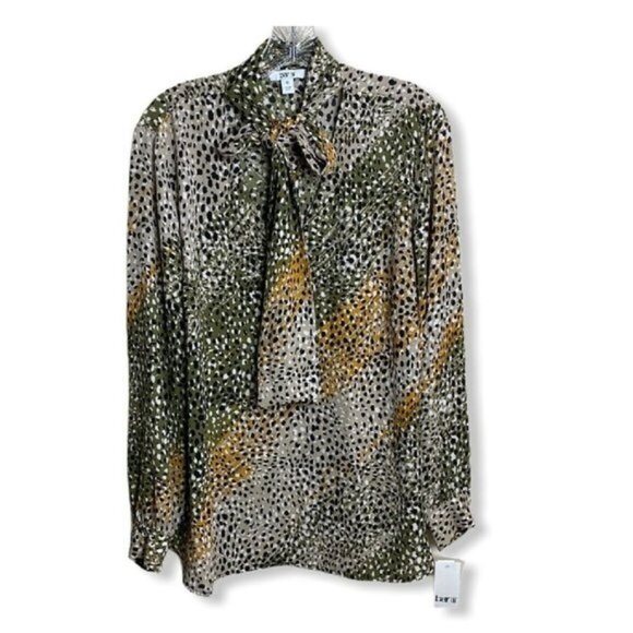 Bar III Trendy Olive Green Multi Tie-Neck Blouse - Picture 1 of 4
